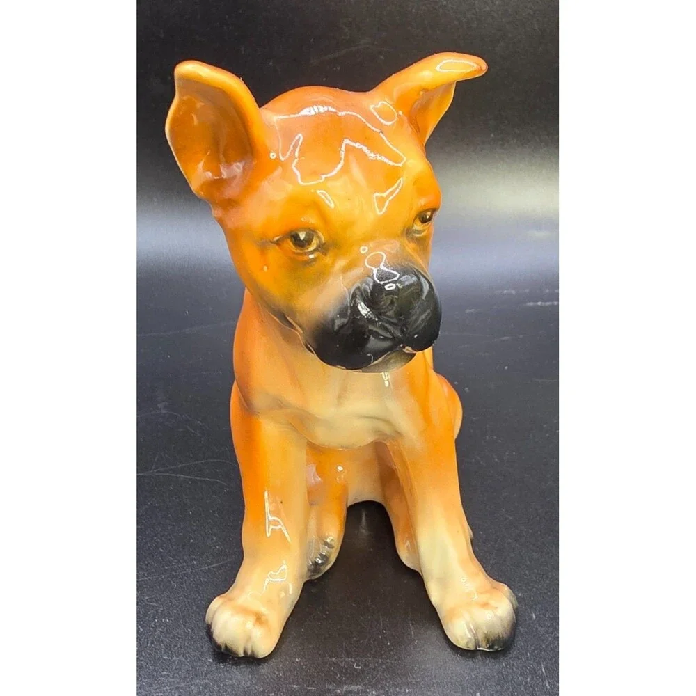 Ucagco Boxer Puppy Figurine Ceramic Japan Vintage Glossy Dog Statue 4.5